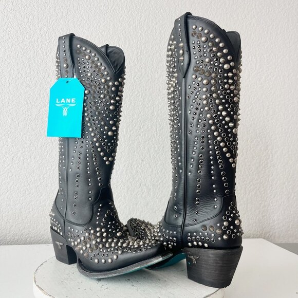 Lane DOLLY Womens Cowboy Boots 7.5 Black Studded Western Cowgirl Mid Calf Tall